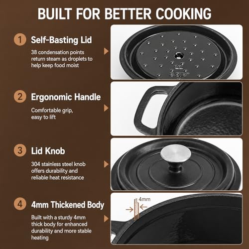 VIVIDCOOKWARE Enameled Cast Iron Dutch Oven with Lid, 3.3 QT Round Dutch Oven Pot, Matte Black Small Dutch Oven for Soup, Stew, Braising & Baking, Oven Safe to 500°F, Works on Induction, Gas & Electric
