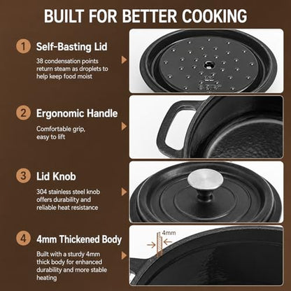 VIVIDCOOKWARE Enameled Cast Iron Dutch Oven with Lid, 3.3 QT Round Dutch Oven Pot, Matte Black Small Dutch Oven for Soup, Stew, Braising & Baking, Oven Safe to 500°F, Works on Induction, Gas & Electric