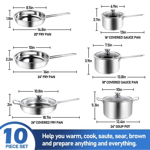 Aufranc 10-Piece Pots and Pans Set, Stainless Steel Cookware Set- Includes Ergonomic Handle Saucepans, Skillets, Dutch Oven, Stockpot, Steamer & More - Premium Pots and Pans for Home Chefs