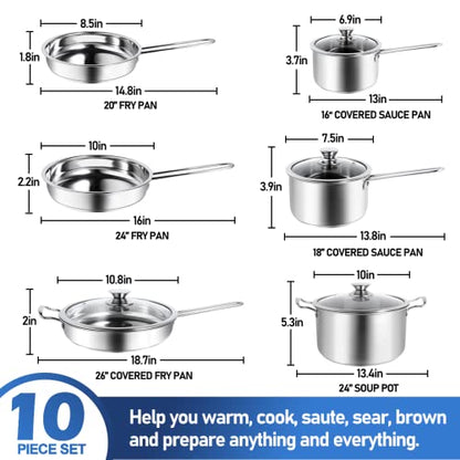 Aufranc 10-Piece Pots and Pans Set, Stainless Steel Cookware Set- Includes Ergonomic Handle Saucepans, Skillets, Dutch Oven, Stockpot, Steamer & More - Premium Pots and Pans for Home Chefs