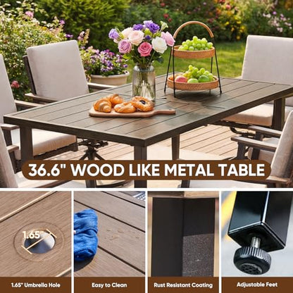 NATURAL EXPRESSIONS 7 Piece Patio Dining Set for 6 Outdoor Furniture Set,6 Pcs Outdoor Rattan Wicker Swivel Chairs with Woodgrain Armrest, 65" Large Dining Table with 1.65'' Umbrella Hole for Garden