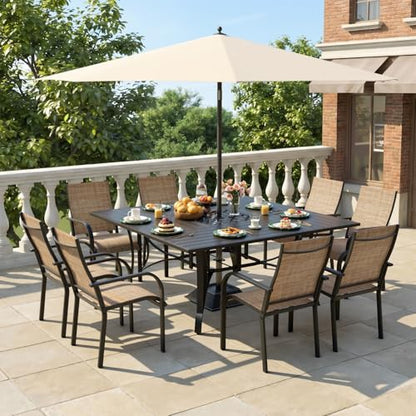 DSNAPE 9 Pieces Patio Table and Chairs Set, 59.6" Square Dining Table with Umbrella Hole & 8 Textilene Fixed Chairs, Dining Table Set for 8, Outdoor Furniture for Porch Deck Yard Balcony Lawn, Brown