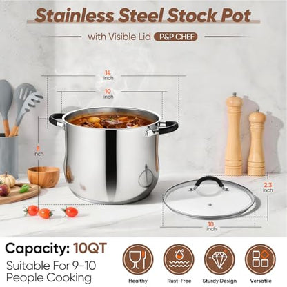 P&P CHEF Stainless Steel Stock Pot, 10 Qt Cooking Soup Pot with Visible Lid for Pasta, Tri-Ply Bottom & Dual Heatproof Handles, For Induction Gas All Stoves, Non-Toxic & Dishwasher Safe