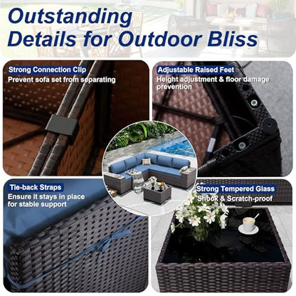 ASJMR Outdoor Patio Furniture Set, 6 Pieces Outdoor Sectional Furniture High Backrest Patio Sofa, All-Weather PE Rattan Patio Conversation Set with Coffee Table & Cushions(Dark Blue).