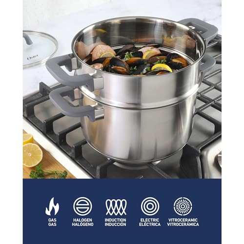 Oster Beauford 9-Piece Stainless Steel 5-Ply Encapsulated Base Cookware Set – Non-Toxic, Induction Compatible Pots and Pans with Stay-Cool Handles – Dishwasher Safe