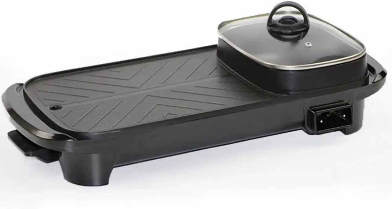Electric 2 in 1 Grill with Shabu Shabu Hot Pot. Multifunctional Indoor Teppanyaki Korean BBQ Capacity for 2-5 People