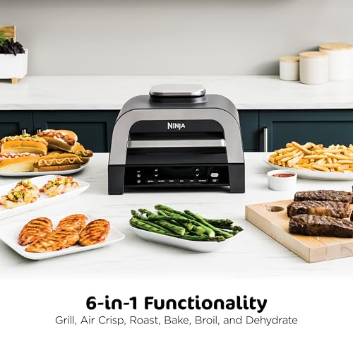 Ninja DG551 Foodi Smart XL 6-in-1 Indoor Grill with Air Fry, Roast, Bake, Broil, & Dehydrate, Foodi Smart Thermometer, 2nd Generation, Black/Silver