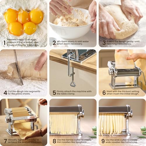 3-in-1 Pasta Maker, 9 Thickness Settings with Rollers & 2 Size Cutters