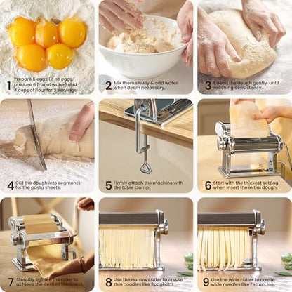 3-in-1 Pasta Maker, 9 Thickness Settings with Rollers & 2 Size Cutters