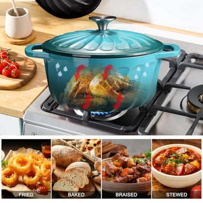 6 QT Enameled Cast Iron Dutch Oven with Lid, Non-Seasoning Enamel Coated Pot, 500°F Oven Safe, Dual Handles, Compatible with All Cooktops for Bread Baking, Braising & Stewing, White (BlueGreen, 6 QT)