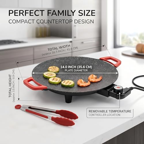Electric Indoor Grill Nonstick, 14” Round Electric Griddle with Adjustable Temperature Control,for Pan Searing Steaks, Breakfast, BBQ & Family Meals, Bonus Spatula,Oil Brush & Food Tongs