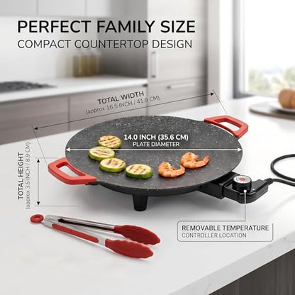 Electric Indoor Grill Nonstick, 14” Round Electric Griddle with Adjustable Temperature Control,for Pan Searing Steaks, Breakfast, BBQ & Family Meals, Bonus Spatula,Oil Brush & Food Tongs