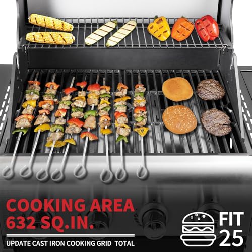 Kendane 4-Burner Propane Gas BBQ Grill with Side Burner, Barbecue Gas Grill with Enameled Cast Iron Grates for Outdoor Patio Garden Barbecue, 53,000 BTU, Stainless Steel Grill Cover included