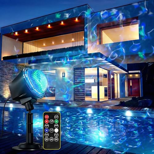 Projector Lights Outdoor, 14 Colors Water Wave Ocean Moving Effect RGBW LED Night Light Weatherproof with Remote & Timer for Halloween Christmas Holiday Garden Yard House Parties Bedroom Ceiling Decor