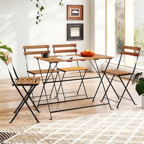 Giantex 5-Piece Outdoor Dining Table Set for 4, Acacia Wood Bistro Table with 4 Folding Patio Chairs, Slatted Seat & Tabletop, Metal Frame, for Yard Porch Garden Poolside (Black + Brown)