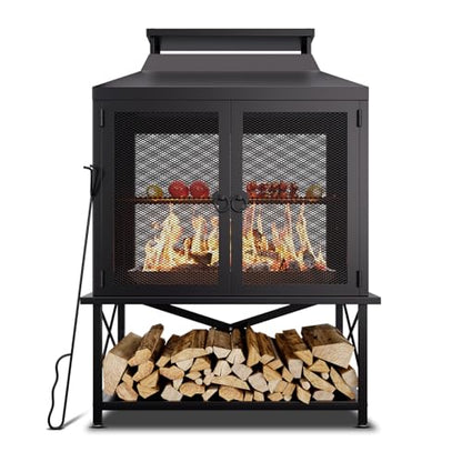 Large Outdoor Chiminea Fire Pit with Grill, Outdoor Fireplace, Outdoor Wood Burning Fireplace with Chimney, 360° Mesh Spark Screen Door, Fire Poker and Log Storage Rack for Patio Backyard