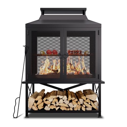 Large Outdoor Chiminea Fire Pit with Grill, Outdoor Fireplace, Outdoor Wood Burning Fireplace with Chimney, 360° Mesh Spark Screen Door, Fire Poker and Log Storage Rack for Patio Backyard