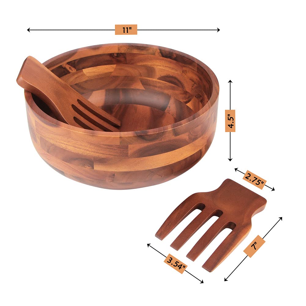 AIDEA Acacia Wood Salad Bowl Set with 2 Wooden Hands, Large Salad Bowl with Serving Utensils, Big Mixing Bowl for Fruits, Salad, Cereal, Corn flake,Pasta 11" Diameter x 4.5" Height