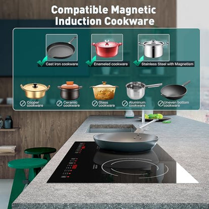 Induction Cooktop with 2 Burners, Horizontal Electric Stove, Built-In Induction Cooker, 1800W Sensor Touch Electric Cooktop, 9 Power Levels, Timer, Safety Lock, 120V, 20 Inch