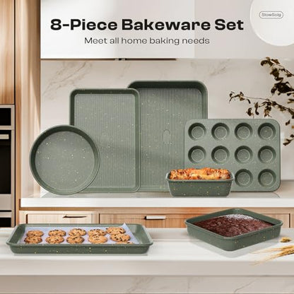 12-Piece Nonstick Baking Set, Non-Toxic Bakeware Sets with Baking Sheet, Cake Pan, Square Pan, Loaf Pan, Roasting Pan, Muffin Pan, Cookie Sheet, Cooling Rack & Kitchen Utensilss - Ceramic Coated Green