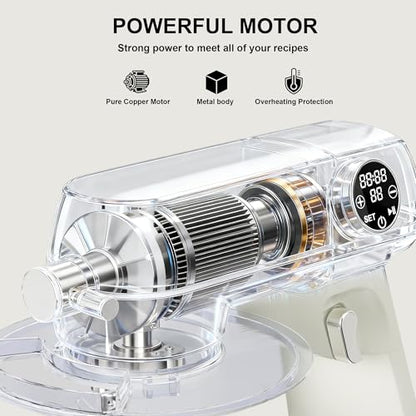 8.45 QT All Metal Stand Mixer,10 Speed Large Capacity Kitchen Mixer with Digital Timer & Tilt-Head, Electric Mixer with Whisk Dough Hook Mixing Beater for Baking,Cakes,Cookie,Bread,Salad (White)