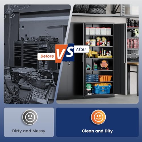 Yizosh Metal Garage Storage Cabinet with 2 Doors and 5 Adjustable Shelves - 71" Steel Lockable File Cabinet,Locking Tool Cabinets for Office,Home,Garage,Gym,School (Black)