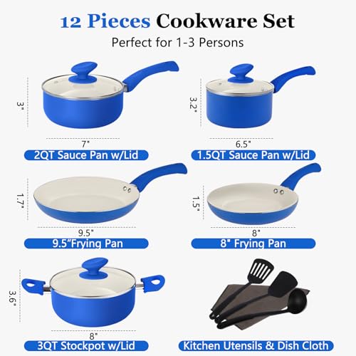 PRAMEDIA 12-Piece Pots and Pans Set Nonstick, Ceramic Cookware Set with Stay-Cool Bakelite Handles, Non-Toxic Induction Cooking Set, Cobalt Blue Kitchen Essentials, PFOA & PTFE Free