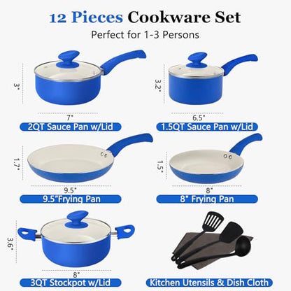 PRAMEDIA 12-Piece Pots and Pans Set Nonstick, Ceramic Cookware Set with Stay-Cool Bakelite Handles, Non-Toxic Induction Cooking Set, Cobalt Blue Kitchen Essentials, PFOA & PTFE Free