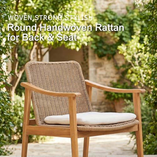SUNSITT 7-Piece Outdoor Patio Dining Set, 55" - 71" Acacia Wood Expandable Outdoor Table Set with Umbrella Hole, 6 Woven Rattan Chairs w/Removable Cushions for Backyard, Porch, Deck