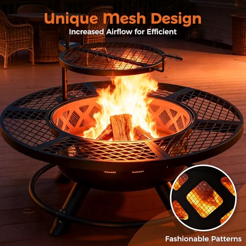 BALI OUTDOORS Fire Pit with Poker, 40 inch Outdoor Fire Pit Patio, Wood Burning Firepits for Outside with Grill