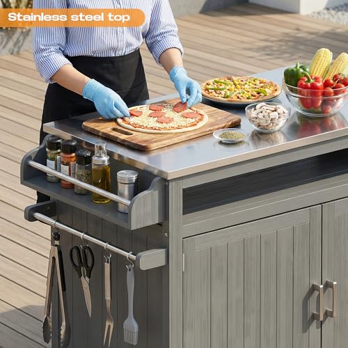 FUQARHY 43.3-Inch Outdoor Kitchen Island with Storage Cabinet and Stainless Steel Top, Solid Wood Prep Station Grill Table with Lockable Wheels for Patio, Backyard, Party (Gray)
