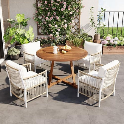 CKLMMC Modern 5-Piece Outdoor Patio Dining Set, All-Weather Acacia Wood Extendable Round Dining Table with 12inch Butterfly Leaf and 4 Rattan Arm Chairs for Backyard, Garden, Poolside