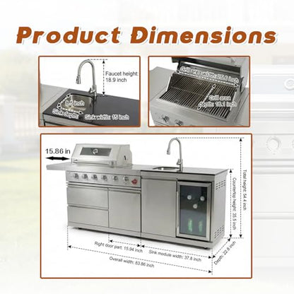 84" Deluxe Outdoor Kitchen Bar and BBQ Island Grill with 6 Burner, 75300 BTU Stainless Steel Grill, Integrated Sink, Wine Cooler, Refrigerator, Granite Countertops, and Rotisserie Kit