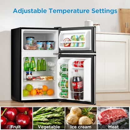 Midea WHD-113FSS1 Double Door Mini Fridge with Freezer for Bedroom Office or Dorm with Adjustable Remove Glass Shelves Compact Refrigerator, 3.1 cu ft, Stainless Steel