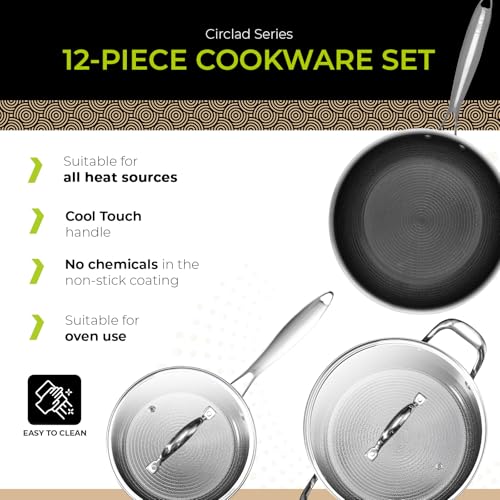 BE | LIVING Circlad Series 12 Piece Cookware Set PFAS-Free Nonstick Hybrid Non-Stick Pattern Induction Compatible Durable & Easy to Clean