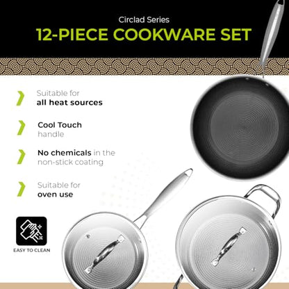 BE | LIVING Circlad Series 12 Piece Cookware Set PFAS-Free Nonstick Hybrid Non-Stick Pattern Induction Compatible Durable & Easy to Clean
