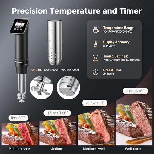 KitchenBoss WIFI Sous Vide Cooker: Ultra-Quiet Sous-vide Cooking Machine 1100 Watts Stainless Steel Immersion Circulator for Kitchen with TFT Preset Recipes (Black)