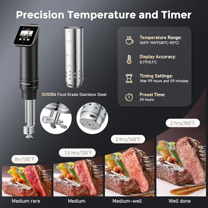 KitchenBoss WIFI Sous Vide Cooker: Ultra-Quiet Sous-vide Cooking Machine 1100 Watts Stainless Steel Immersion Circulator for Kitchen with TFT Preset Recipes (Black)