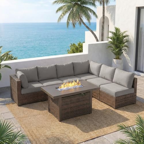 gaildon 7 Piece Outdoor Patio Furniture Set with 42" Fire Pit, Wicker Furniture Sectional Conversation Sofa Set with Comfortable Cushions, Grey