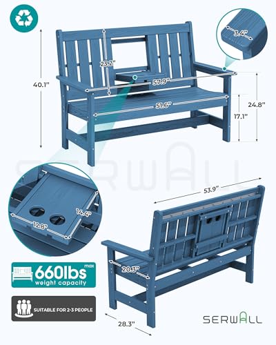 SERWALL Outdoor Bench with Cup Holder, 58" HDPE Front Porch Bench Suitable for 3 Person, All Weather Patio Benches with High Backrest and Wide Armrests for Garden, Park, Yard, Navy