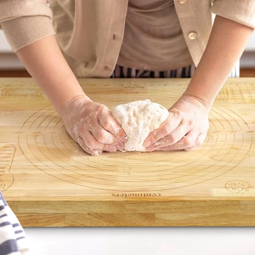 Wooden Pastry Board with Measurement, 24'' x 20'' Wood Kneading Board, 2-in-1 Rubber Wood Pastry Board and Chopping Board with Side Lip and Engraved Ruler