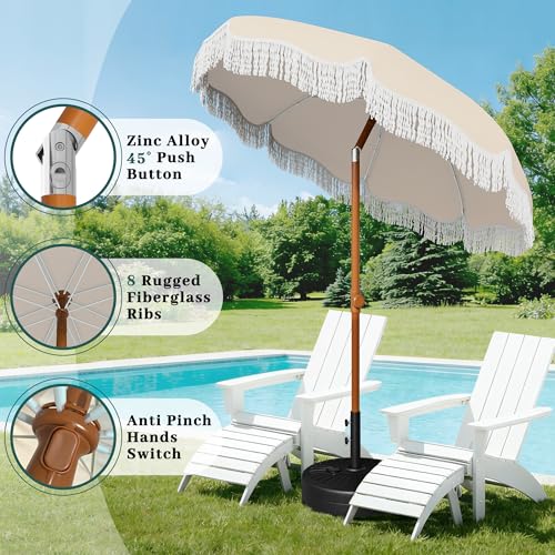 AreShark 7ft Patio Umbrella with Fringe, UPF50+ Beach Umbrella for Table, Pool & Garden, Portable Outdoor Tassels Umbrella w/Fiberglass Ribs&Push Bottom Tilt(Ivory)