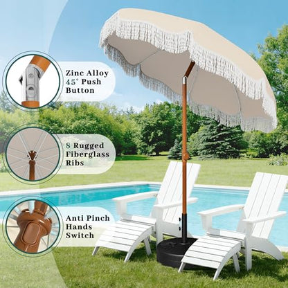 AreShark 7ft Patio Umbrella with Fringe, UPF50+ Beach Umbrella for Table, Pool & Garden, Portable Outdoor Tassels Umbrella w/Fiberglass Ribs&Push Bottom Tilt(Ivory)