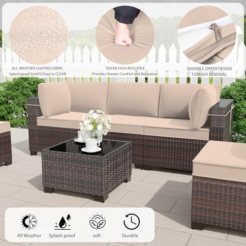 RTDTD 13 Pieces Outdoor Patio Furniture Set,Outdoor Sectional Furniture with 43" 55000 BTU Gas Propane Fire Pit Table,PE Rattan Wicker Patio Conversation Set,Swivel Rocking Chairs Set,Sand