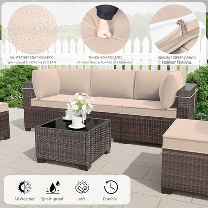 RTDTD 13 Pieces Outdoor Patio Furniture Set,Outdoor Sectional Furniture with 43" 55000 BTU Gas Propane Fire Pit Table,PE Rattan Wicker Patio Conversation Set,Swivel Rocking Chairs Set,Sand