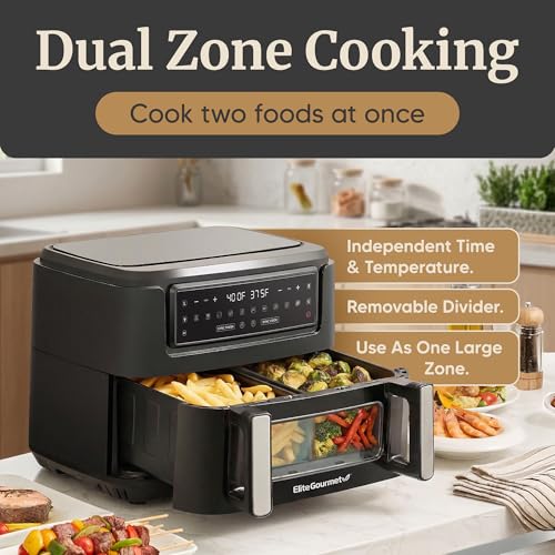 Elite Gourmet Dual Zone Air Fryer Oven 11QT, Dual Basket Air Fryer with Divider, Sync Finish & Sync Cook, PFAS Free Nonstick, 10 Presets, Air Fry Bake Roast Broil Toast Dehydrate, 1600W Black