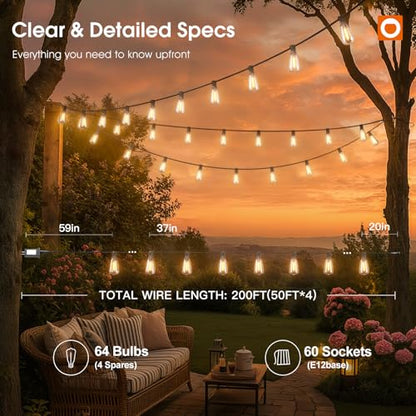 addlon 198FT Outdoor String Lights for Outside with Remote Waterproof Patio Lights with Plastic ST38 LED Edison Bulbs Outdoor Lighting Extra Long for Backyard Bistro Porch Garden Pergola Party Decor