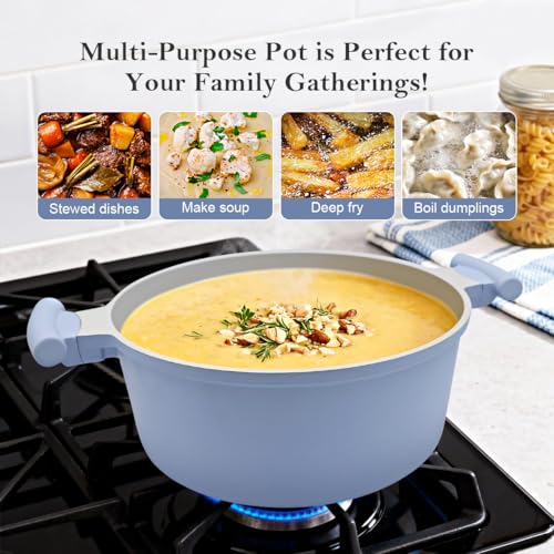 AIKENBBKK 5 Quart Stock Pot with Lid, Non Stick Cooking Pot, Ceramic Soup Pot Nonstick, Induction Cookware for Pasta,Soup,Spaghetti, Stay-Cool Handle, Suitable for All Stoves, PFAS-Free, Blue
