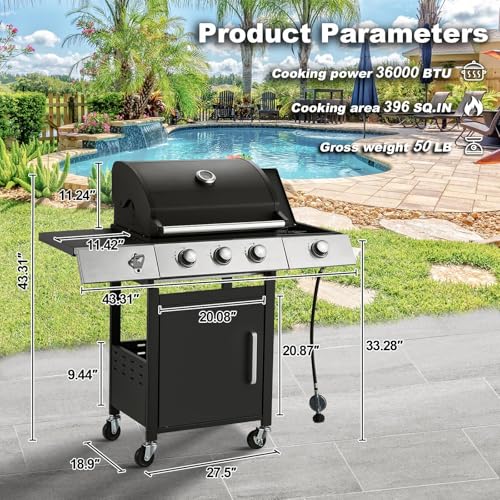 MELLCOM Upgraded 36,000 BTU Stainless Steel Burner Barbecue Grill, 3 Burner BBQ Propane Gas Grill with Cast Iron Grates & Side Stove for Patio, Camping, Outdoor Cooking