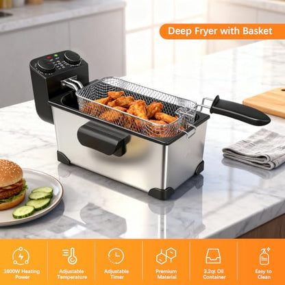 CATTLEMAN Deep Fryer with Basket, 1600W, 3L, Timer and Temperature Control